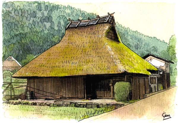 藁葺き屋根の家と小川の風景が描かれた油絵 さらに値下げしました ...